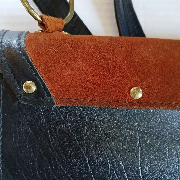 COPY - Rare Vintage Ring Shoulder Bag Suede Vinyl Adjustable Strap Brown Black - Picture 12 of 16